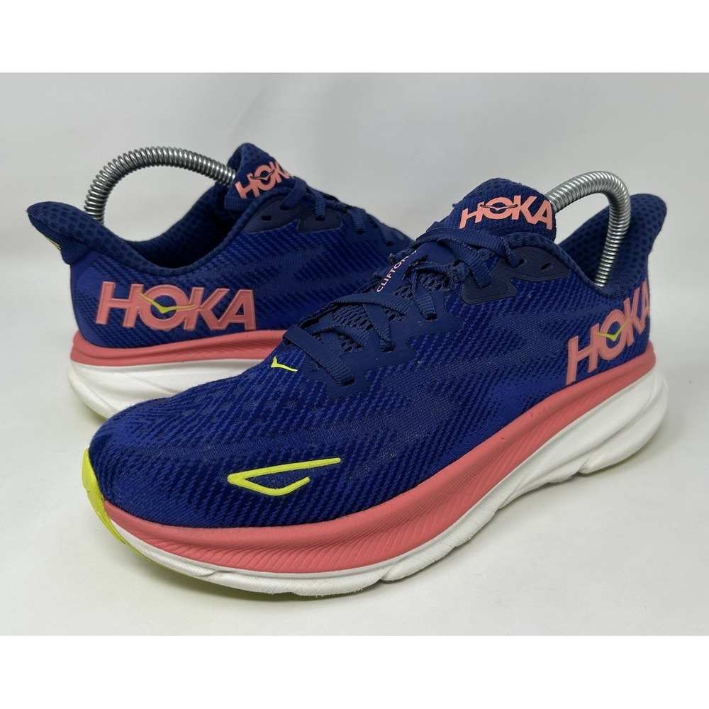 Hoka One One Clifton 9 Womens Size 7 Running Shoes 1127896 EVN Blue Coral Yellow